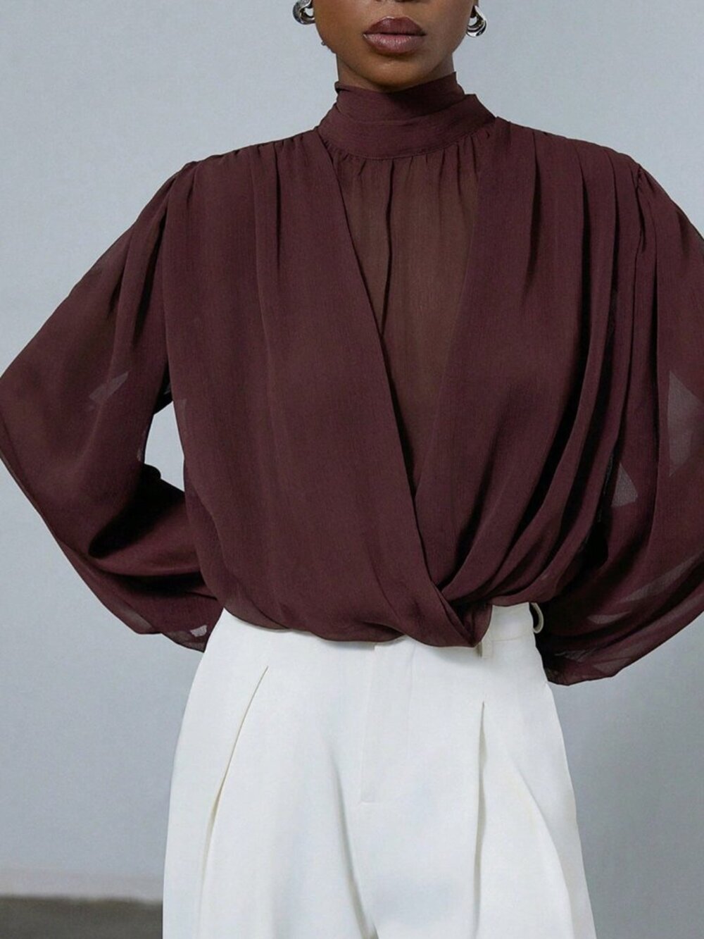 Rusty Rose Elegant Women's Tie Neck Detail Mock Neck Blouse - Picture 4 of 5